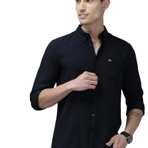 the bear house men's slim fit solid rayon lycra casual shirt | navy