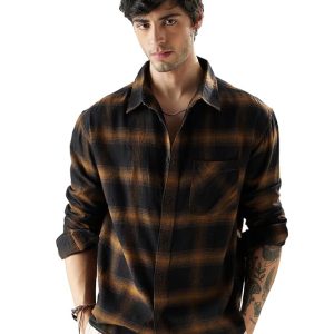 the souled store plaid: brown mustard and black men and boys relaxed fit striped full sleeve cotton multicolored men relaxed shirts shirt for men casual half sleeves regular fit printed stylish latest