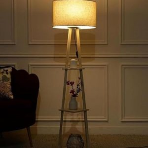 modern floor lamp with storage shelves, drum shade, tripod stand, living room decor