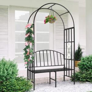 ecofynd 6.6 feet high x 3 feet wide garden arch with 2 seater bench, metal arbor trellis for climbing plant with outdoor garden chair, backdrop stand for wedding lawn backyard party decor (gc001 blk)