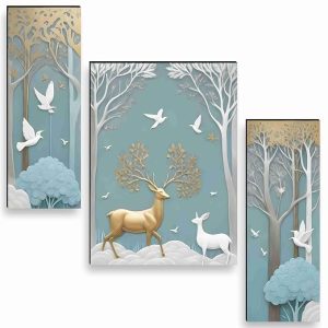 saf deer paintings for wall decoration set of 3, 3d modern art painting for living room large size with frames for home, office painting 50.8 cm x 30.48 cm sanfjm36036 engineered wood